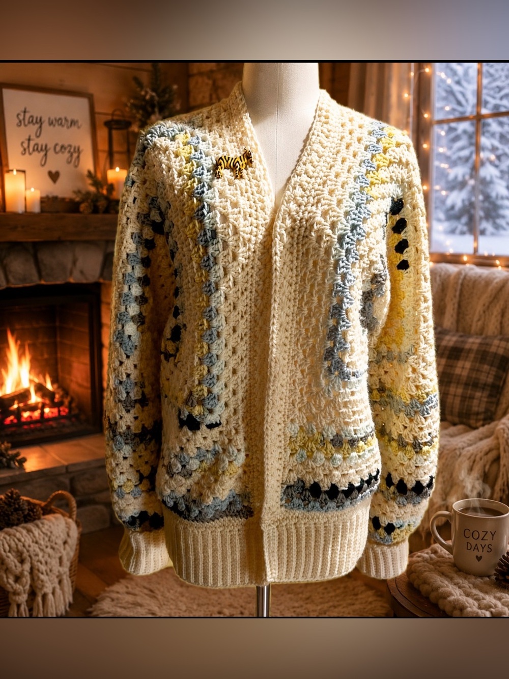 Crochet Cardigan Cream&Gray Brooch included - Picture 3 of 7